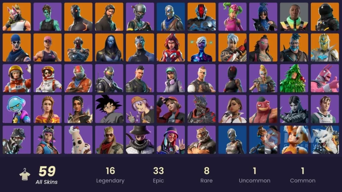 59 SKINS + ROYALE KNIGHT + THE REAPER + STW OLD + BLUE SQUIRE + ELITE AGENT + TAKE THE L + BUS BANNER + OMEGA + DRIFT + GOKU BLACK 