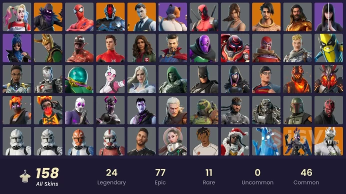PC,PSN,XBOX 158 SKINS FA - ROGUE SPIDER KNIGHT - GOLD MIDAS,CARNAGE,LARA CROFT,HARLEY QUINN,KOR,MEGUMI,MORTY,IRIS RK992