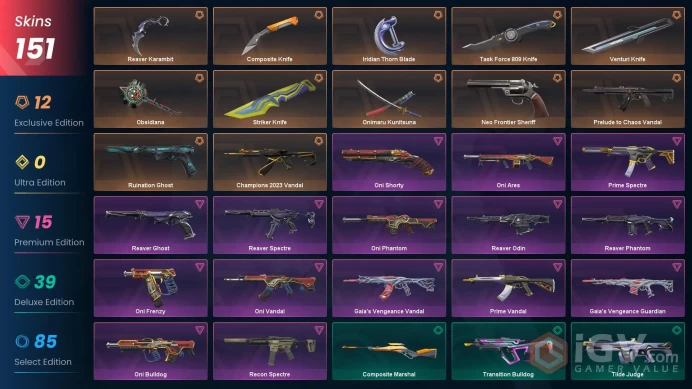 EU [ 151 TOP SKINS + 8 KNIFE ] Reaver Karambit + Champions 2023 Vandal + Prelude to Chaos Vandal + Onimaru Kunitsuna / full acces