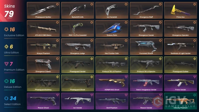 NA 79 skins | RGX 11z Pro Karambit | Byteshift Knife | Ion Karambit | Divergence Staff | Kuronami Sheriff | Phaseguard Splitter | Phaseguard Van