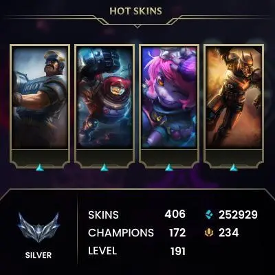 EUW / SILVER 4 %!00WR / 172 Champ / 406 Good Skins(5 Ultimate, 2 Mythic, 34 Legendary, 133 Epic) / 252K BE / HANDMADE / FULL ACCES / CHEAP