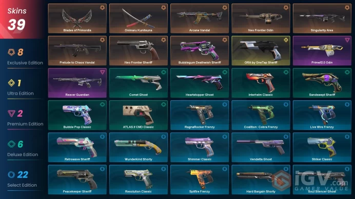 EU [ 39 TOP SKINS + 2 KNIFE ] ~ 28,775 VP SPENT | ORA by OneTap Sheriff + Prelude to Chaos Vandal +Blades of Primordia / full acce