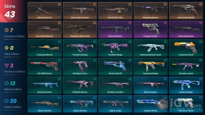 EU | 43 Skins | Full Acces | Champions 2023 Vandal | Neo Frontier Collection | Reaver Phantom | Singularity Spectre | Forsaken Classic