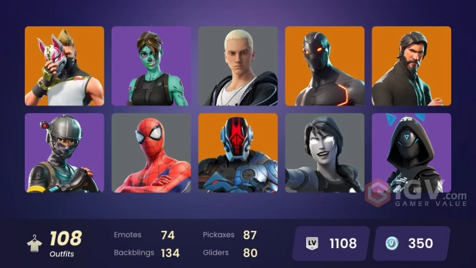 108 SKINS + THE REAPER + NBA 75 SWISH (1413 DAYS AGO IN SHOP) + ELITE AGENT + TAKE THE L + SLAYER JUICE WRLD + NEKO HATSUNE MIKU + CHLOE KIM