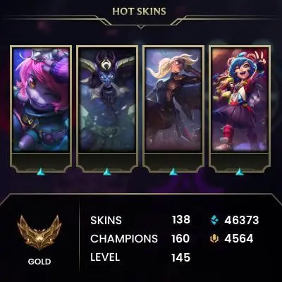 EUW / GOLD 3 / FLEX BRONZ 3 / 160 Champ / 138 Good Skins / RIOT KAYLE / 46.3K BE / 4.564 RIOT POINTS / S4ACC / HANDMADE / FULL ACCES / CHEAP