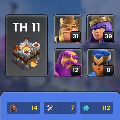 ■TH:11 (+70%) ■Heroes: K31 Q39 P10 W12 ■Skins:1 ■BH:7 ■Full Access ■Instant Delivery ■A5574