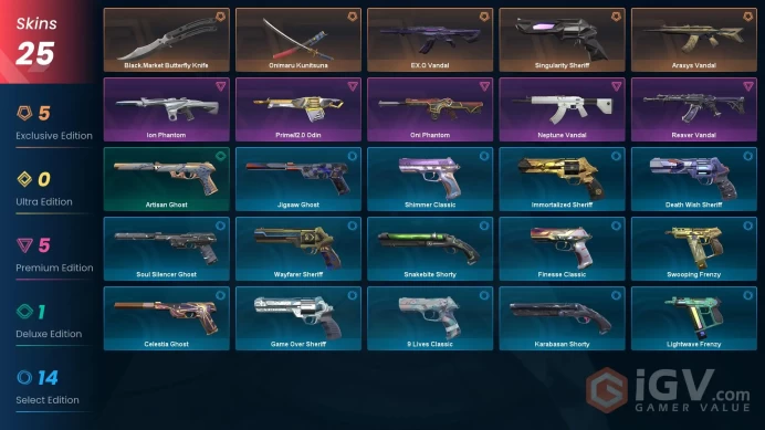EU [ 25 TOP SKINS + 2 KNIFE ] Onimaru Kunitsuna + Araxys Vandal + EX.O Vandal + Ion Phantom + Oni Phantom + Reaver Vandal / full acces