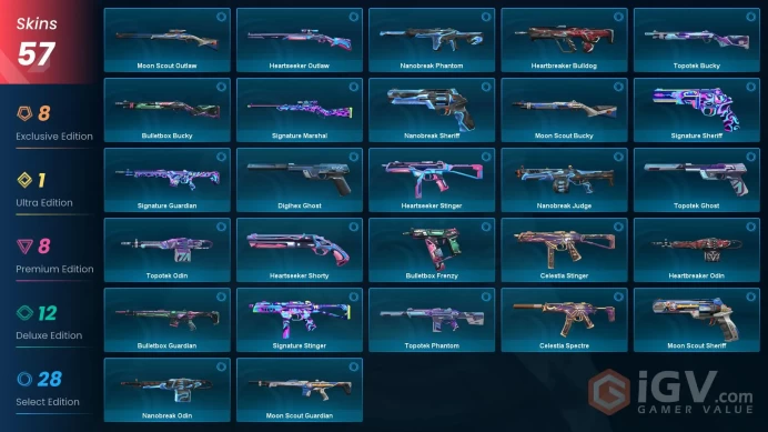 EU 57 skins | Xenohunter Knife | Prime//2.0 Karambit | Reaver Knife | Evori Dreamwings Ghost | Mystbloom Sheriff | Sentinels of Light Vandal |