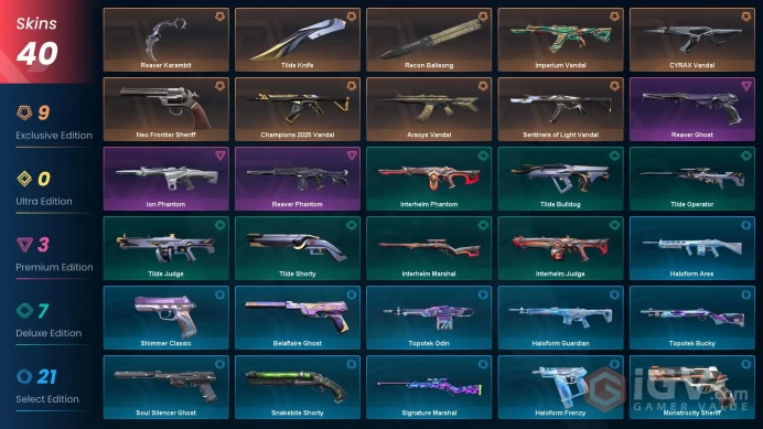 EU 40 skins | Reaver Karambit | Champions 2025 Vandal | Neo Frontier Sheriff | Imperium Vandal | Araxys Vandal | Recon Balisong | CYRAX Vandal