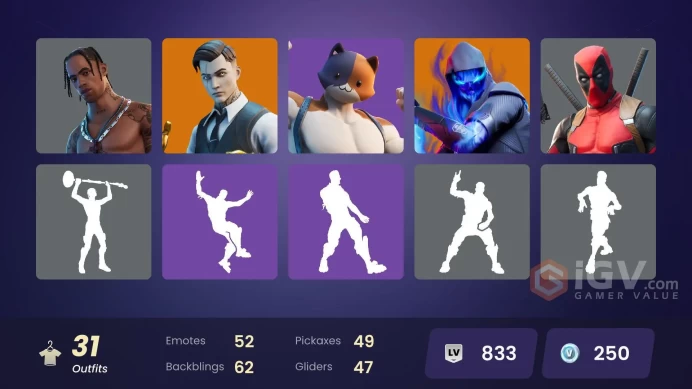 31 SKINS + TRAVIS SCOTT + GOLD MIDAS + HEAD BANGER + SLAYER JUICE WRLD + SHIVER + SORANA + NITELITE + GWENPOOL + WAR MACHINE