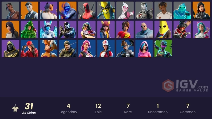 31 SKINS + TRAVIS SCOTT + GOLD MIDAS + HEAD BANGER + SLAYER JUICE WRLD + SHIVER + SORANA + NITELITE + GWENPOOL + WAR MACHINE