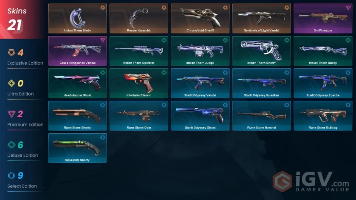 EU [ 21 TOP SKINS + 2 KNIFE ] Reaver Karambit + Sentinels of Light Vandal + Oni Phantom + ChronoVoid Sheriff + Gaia's Vandal / full acces