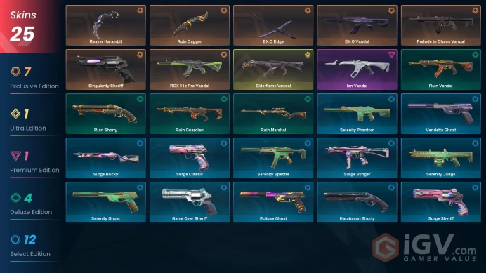 Latam | Reaver Karambit, Ruin Dagger, EX.O Edge, Prelude to Chaos Vandal, Singularity Sheriff, Elderflame Vandal, Ion Vandal, RGX 11z Pro Vandal