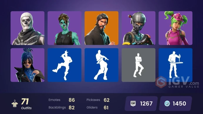 71 SKINS + MENOC TRACE (-13 ULTRA RARE BANNER) + THE REAPER + 1450 VB + TAKE THE L + ELITE AGENT + EREN JAEGER + LORENZO + OVERTAKER + SKULL TRO