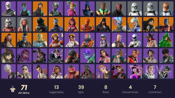 71 SKINS + MENOC TRACE (-13 ULTRA RARE BANNER) + THE REAPER + 1450 VB + TAKE THE L + ELITE AGENT + EREN JAEGER + LORENZO + OVERTAKER + SKULL TRO
