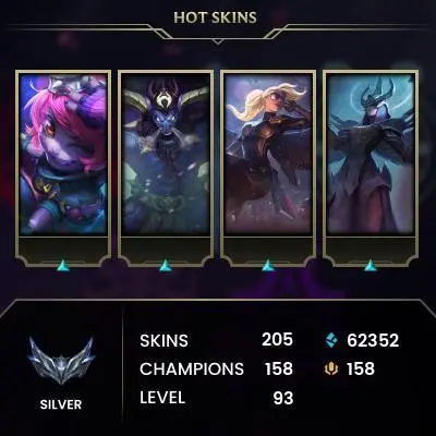 EUW -(S16) SILVER 4 %100WR  - 158  Champ - 205 Good Skins( 1 Ultimate, 1 Mythic, 10 Legendary, 40 Epic) - 62.3K BE - S1 ACC - FULL ACCES - CHEAP