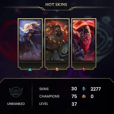 EUW -(S16) UNRANKED - 75 Champ - 30 Good Skins(1 Ultimate, 2 Legendary, 3 Epic) - 2.2K BE - S3 ACC - FULL ACCES - CHEAP
