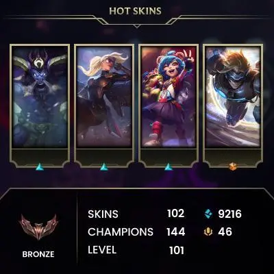 EUW -(S16) BRONZE 4 - 144 Champ - 102 Good Skins(1 Ultimate, 2 Mythic, 5 Legendary, 15 Epic) - 9.2K BE -  S2 ACC - FULL ACCES - CHEAP