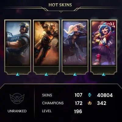 EUW / EMERALD 4(43LP) / 172 Champ / 107 Good skins(1 Ultimate, 2 Mythic, 6 Legendary, 19 Epic) / 35K BE / S2 ACC / HANDMADE / FULL ACCES / CHEAP