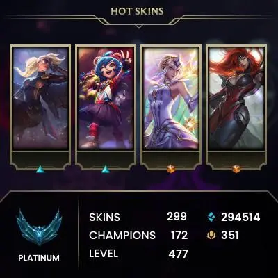 EUW -(S16) PLATIN 3(27LP) %84WR - 172 Champ - 299 Good Skins(4 Ultimate, 6 Mythic, 24 Legendary, 109 Epic) - 294K BE - S3 ACC- FULL ACCES -CHEAP