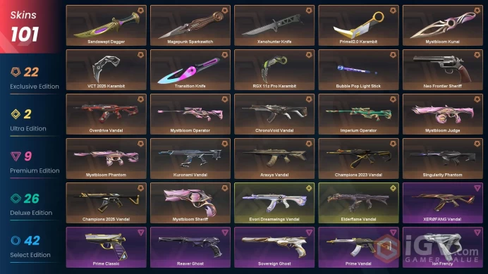 VALORANT EU WEST SERVER 101 SKİNS(+9 KNİFE,EVORİ+Champions 2023 +2025 VNDL,VCT 2025 ,MYSTBLOOM PACKED)AUTO DELIVERY FULL ACCESS-LIFETIME WARRANT