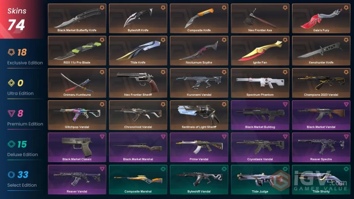  VALORANT EU WEST SERVER  74 SKİNS(+11 KNİFE, Ignite Fan+Nocturnum Scythe+Gaia's Fury,Champions 2023 )AUTO DELIVERY FULL ACCESS-LIFETIME WARRANT