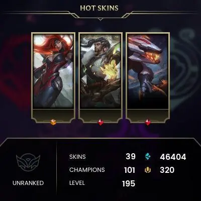 EUW / UNRANKED / 101 Champ / 39 Good Skins(1 Ultimate, 3 Legendary, 20 Mythic) / 46.4K BE / 195 LVL / HANDMADE / FULL ACCES / LIFETIME WARRANTY