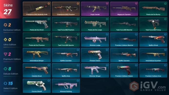 EU [ 27 TOP SKINS + 1 KNIFE ] Champions 2022 Butterfly Knife + Champions 2022 Phantom + Origin Vandal / full acces