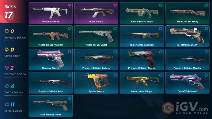EU | 17 skins + 18 agents | Prime Vandal • Neptune Spectre • Piedra del Sol Phantom and Ghost