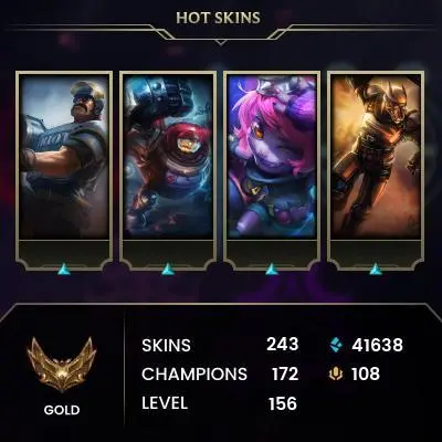 EUW -(S16) GOLD 3 %72WR - 172 Champ - 242 Good Skins(3 Ultimate, 2 Mythic, 13 Legendary, 72 Epic) - 40.9K BE -HONOR 5- S2 ACC - FULL ACCES
