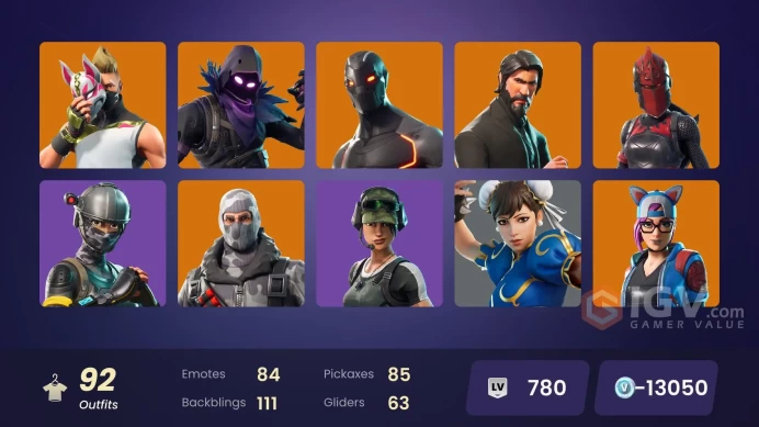 92 SKINS + THE REAPER + TAKE THE L + ELITE AGENT + CANDY AXE + FRESH + TIDY + HAVOC + TRAILBLAZER + YULETIDE RANGER + OMEGA + DRIFT + CHUN-LI