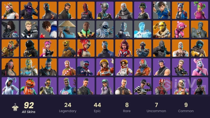 92 SKINS + THE REAPER + TAKE THE L + ELITE AGENT + CANDY AXE + FRESH + TIDY + HAVOC + TRAILBLAZER + YULETIDE RANGER + OMEGA + DRIFT + CHUN-LI