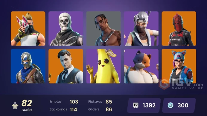 82 SKINS + FLOSS + TRAVIS SCOTT + ROYALE KNIGHT + HEAD BANGER + BLUE SQUIRE + MAKO + DIAMOND JACK + SLAYER JUICE WRLD + SKULL TROOPER