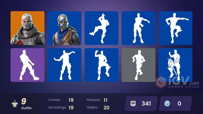 9 SKINS + FLOSS + ROYALE KNIGHT + TAKE THE L + BLUE SQUIRE + HAVOC + BUS BANNER + MAKO + SGT.GREEN CLOVER + DARK VOYAGER