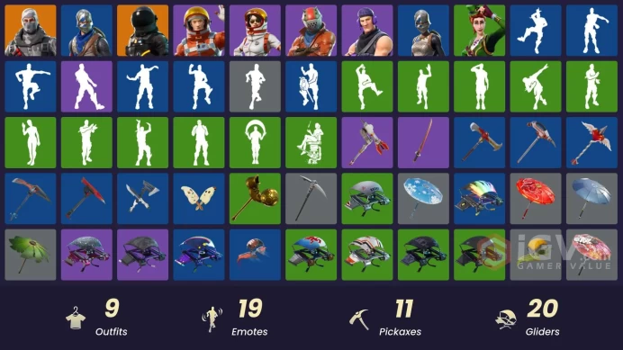 9 SKINS + FLOSS + ROYALE KNIGHT + TAKE THE L + BLUE SQUIRE + HAVOC + BUS BANNER + MAKO + SGT.GREEN CLOVER + DARK VOYAGER