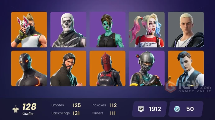 128 SKINS + THE REAPER + CANDY AXE + TAKE THE L + ELITE AGENT + GOLD MIDAS + HARLEY HITTER + HARLEY QUINN + REDCAP + GHOUL TROOPER