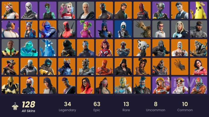 128 SKINS + THE REAPER + CANDY AXE + TAKE THE L + ELITE AGENT + GOLD MIDAS + HARLEY HITTER + HARLEY QUINN + REDCAP + GHOUL TROOPER