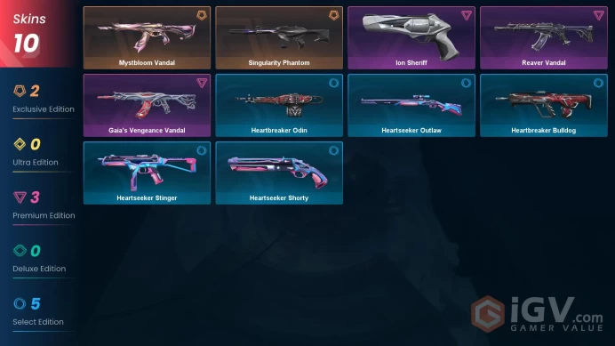 EU [ 10 TOP SKINS ] Mystbloom Vandal + Singularity Phantom + Gaia's Vengeance Vandal + Reaver Vandal + Ion Sheriff / full acces