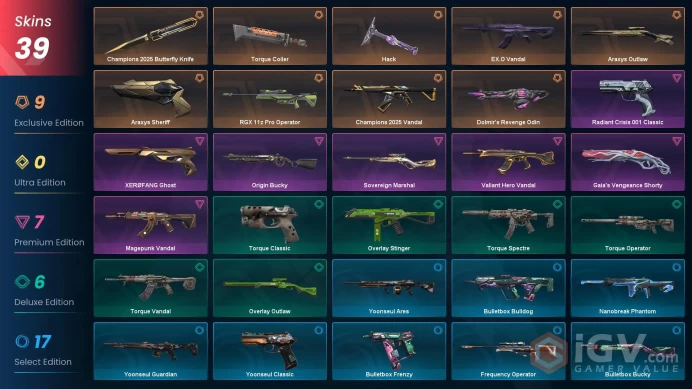 EU/TR 39 skins | Champions 2025 Butterfly Knife | Champions 2025 Vandal | EX.O Vandal | Araxys Sheriff | Araxys Outlaw | RGX 11z Pro Operator |