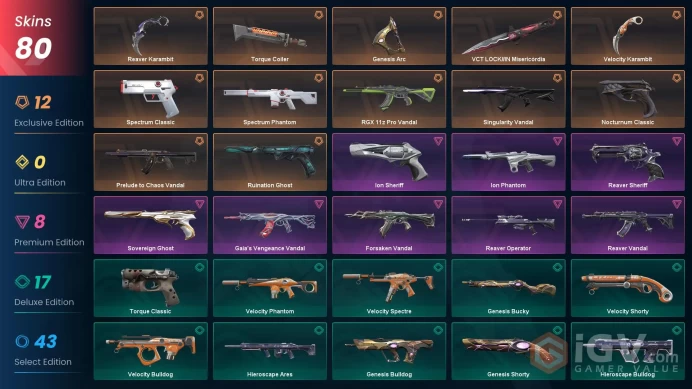 EU/TR 80 skins | VCT LOCK//IN Misericórdia | Reaver Karambit | Spectrum Phantom | Spectrum Classic | Ruination Ghost | RGX 11z Pro Vandal | Noct