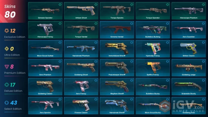 EU/TR 80 skins | VCT LOCK//IN Misericórdia | Reaver Karambit | Spectrum Phantom | Spectrum Classic | Ruination Ghost | RGX 11z Pro Vandal | Noct