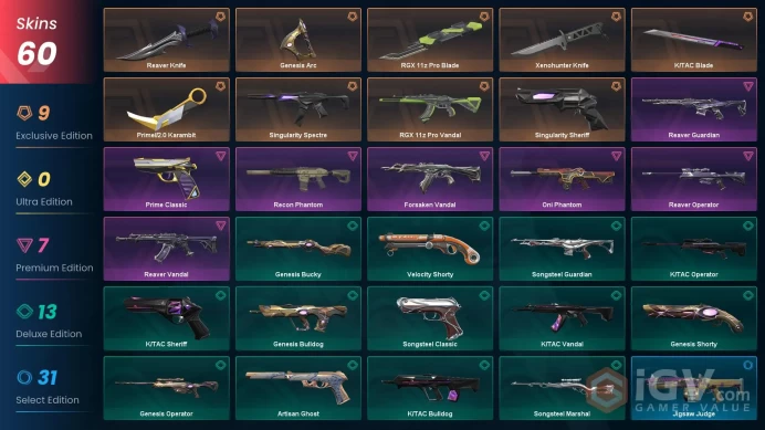 EU 60 skins | Xenohunter Knife | Prime//2.0 Karambit | Reaver Knife | RGX 11z Pro Blade | Singularity Sheriff | RGX 11z Pro Vandal | Singularity