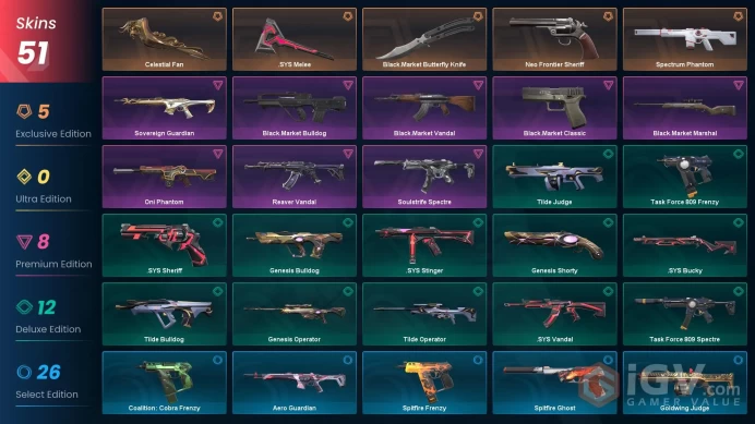 EU 51 skins | Celestial Fan | Spectrum Phantom | Neo Frontier Sheriff | Sovereign Guardian | Oni Phantom | Reaver Vandal | Sovereign Guardian |