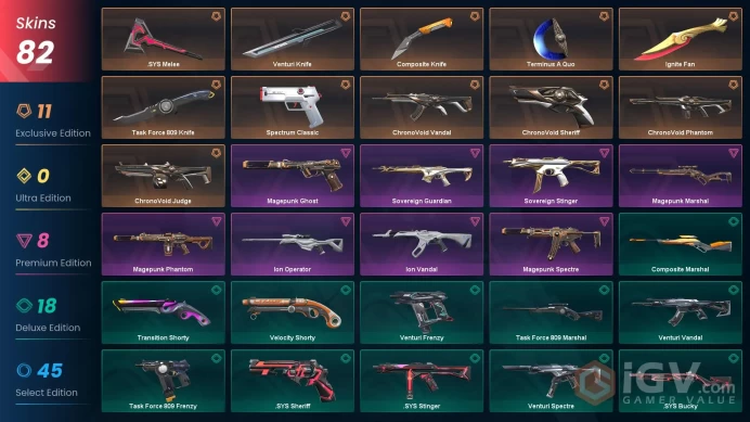 EU 82 skins | Ignite Fan | Ignite Cards | ChronoVoid Phantom | ChronoVoid Sheriff | ChronoVoid Judge | ChronoVoid Vandal | Spectrum Classic | Te