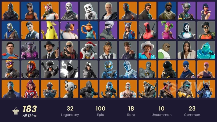 182 SKINS + OG SKULL TROOPER (PURPLE)  + BLACK KNIGHT + FLOSS + THE REAPER + TAKE THE L + MAKO + NARUTO UZUMAKI + AC/DC + OG GHOST PORTAL