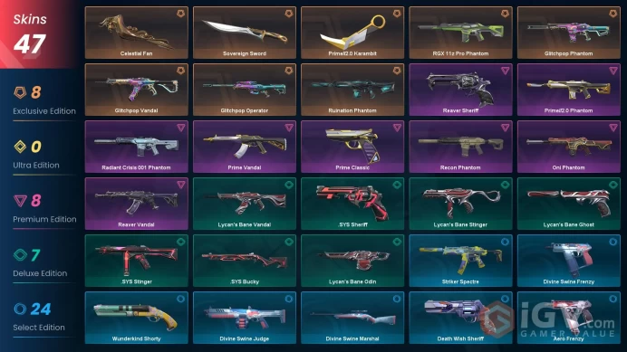EU 47 skins | Prime//2.0 Karambit | Celestial Fan | Glitchpop Vandal | Glitchpop Operator | Ruination Phantom | RGX 11z Pro Phantom | Glitchpop 