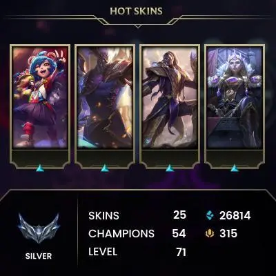 EUW -(S16) SILVER 2(60LP) %100WR 1/0L- 54 Champ - 25 Good Skins(1 Mythic, 3 Legendary, 5 Epic) - 26.8K BE - S7 ACC - FULL ACCES - CHEAP