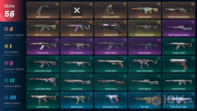 NA 56 skins | Reaver Karambit | BlastX Phantom | RGX 11z Pro Vandal | Singularity Sheriff | Glitchpop Vandal | Protocol 781-A Phantom | Luxe Kni