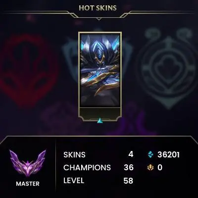Euw // Master : 8 lp / 2026 S1 / lvl 58  // 36K BE // HANDMADE 2021 // Full access //36 Champion // 4 skins