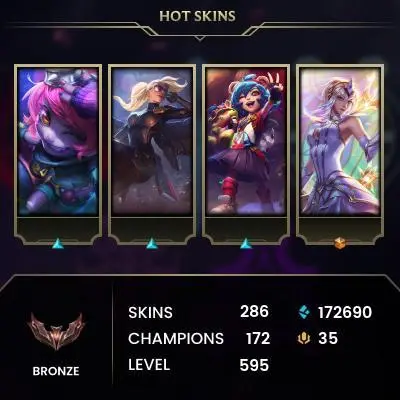 EUW | 286 SKIN | BRONZE I | 595 LVL | 172K+ BE | MAIL CHANGEABLE LEAGUE OF LEGENDS ACCOUNT